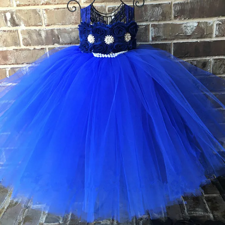 Girls Royal Blue Flowers Tutu Dress Kids Lace Straps Tulle Dress Pearl Ball Gown Children Birthday Party Banquet Costume Dresses