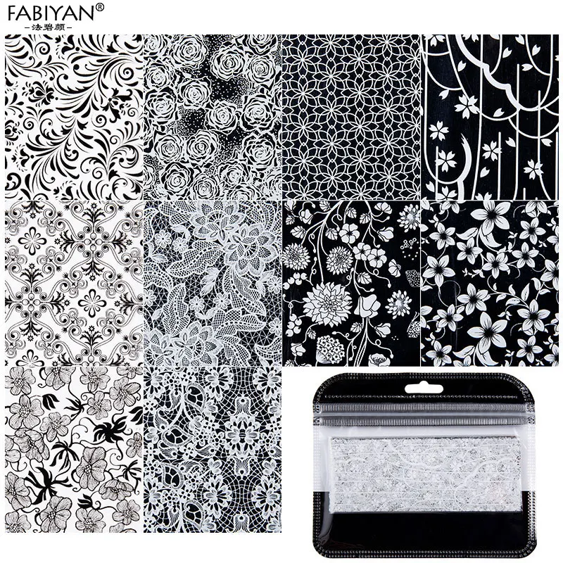 10pcs Nail Art Black White Lace Sticker Foils Floral Decal Decoration Transfer Wrap Tips DIY Design Flower Polish Manicure Tools