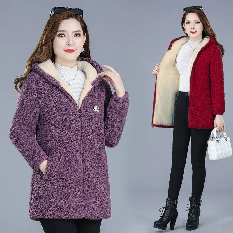 Middle-aged Mother Women\'s Lamb Wool Coat 2022 New Fashion Winter Jacket Women Loose Hooded Mid-length Female Overcoa