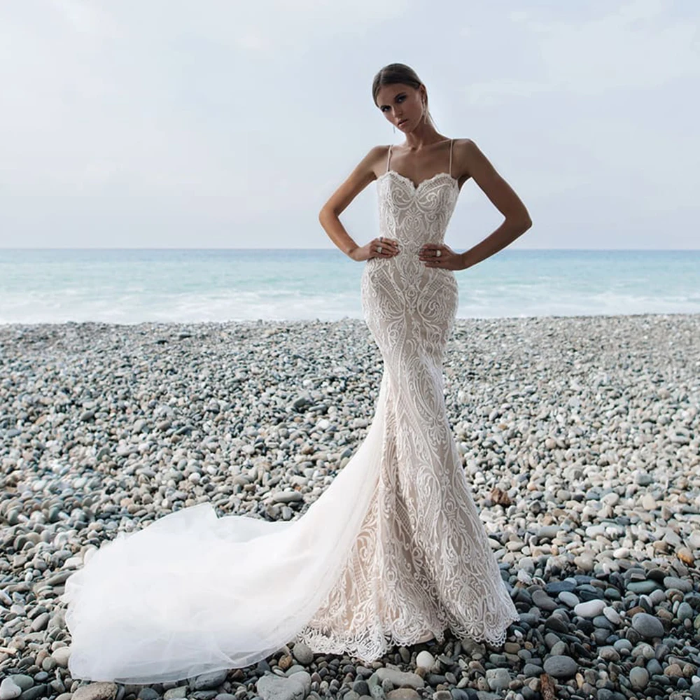 Sexy Spaghetti Strap Mermaid Wedding Dresses Appiques customized Beading Court Train Sleeveless Trumpet Vestidos De Novia