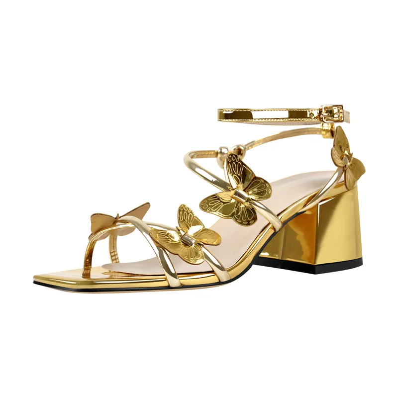 Onlymaker  Summer Sandals Square Peep Toe Butterfly Decoration Strange Style Chunky Heels Women Daily Casual High Heels