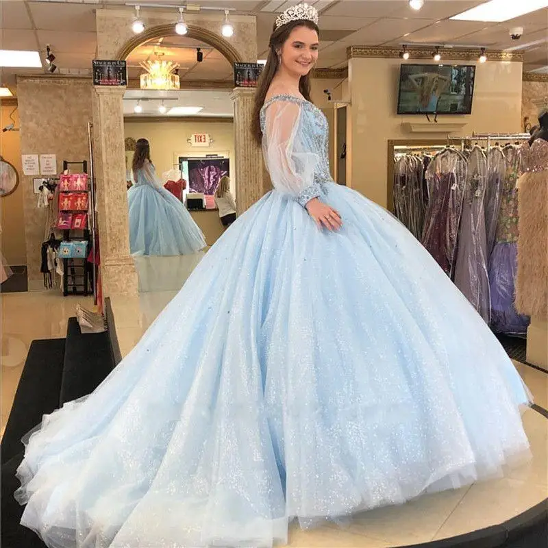 

Sweet Ice Blue Quinceanera Dress for 15 Year Luxury Crystal Beaded Ball Gown Sexy V Neck Long Sleeve Debut Party Dresses Girl