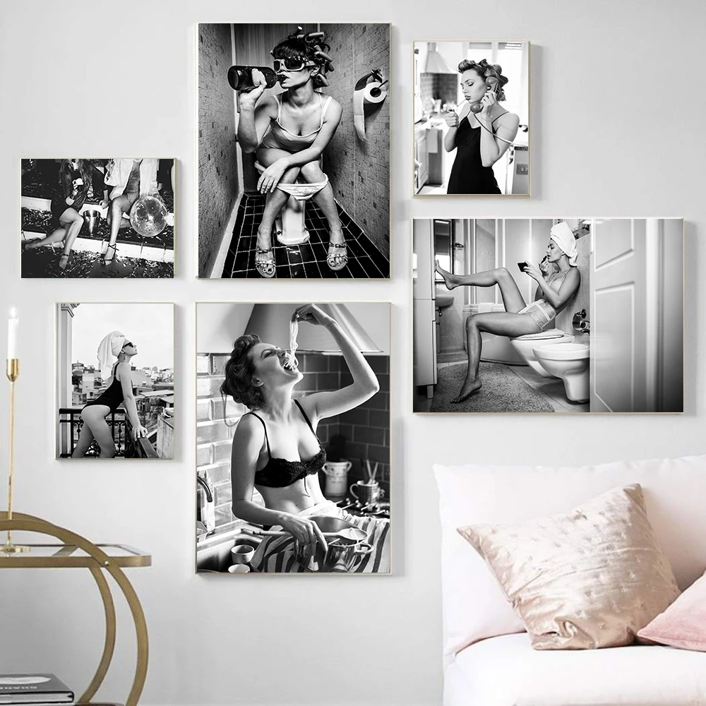 Fashion Sexy Woman Posters Prints Drinking Wine Canvas Painting  Girl Smoking in Toilet Pictures Modern Wall Art Home Decoration