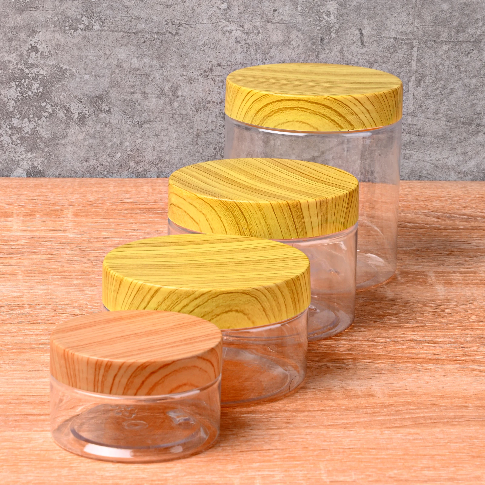Food Transparent Plastic Bottle Body 100ml/200ml/300ml/500ml With Wooden Lid Container Kitchen Food Storage Cans Candy Jar