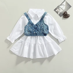 Baby Girls 2Pcs A-Line Shirt Dress Long Sleeves Denim Beading Vest with Pearl Deccor Solid Color Summer Clothes Outfit 1-6 Years