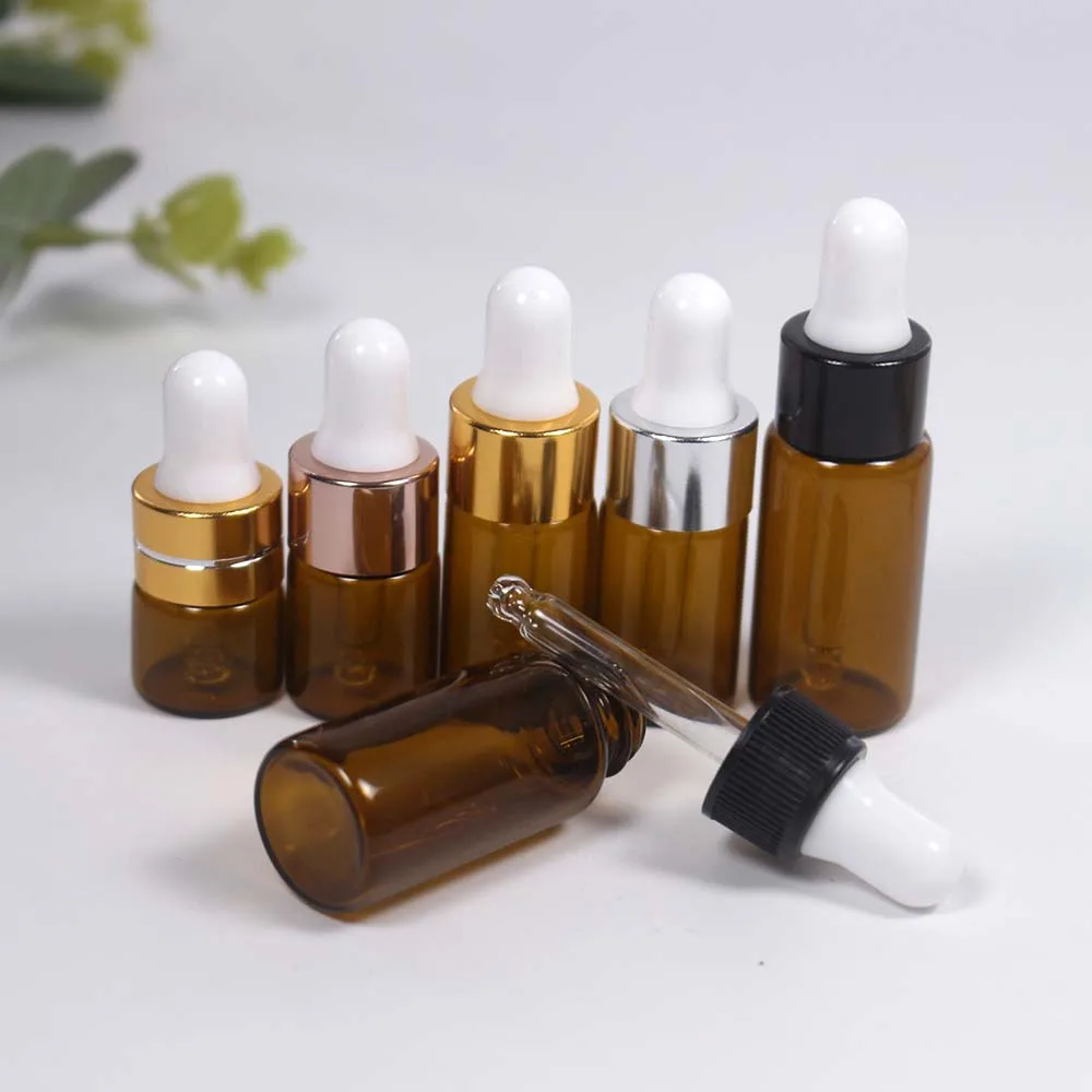 50pcs Mini glass Brown and transparent essential oil bottle with silve ,rose gold cap 1ml,2ml,3ml,5ml