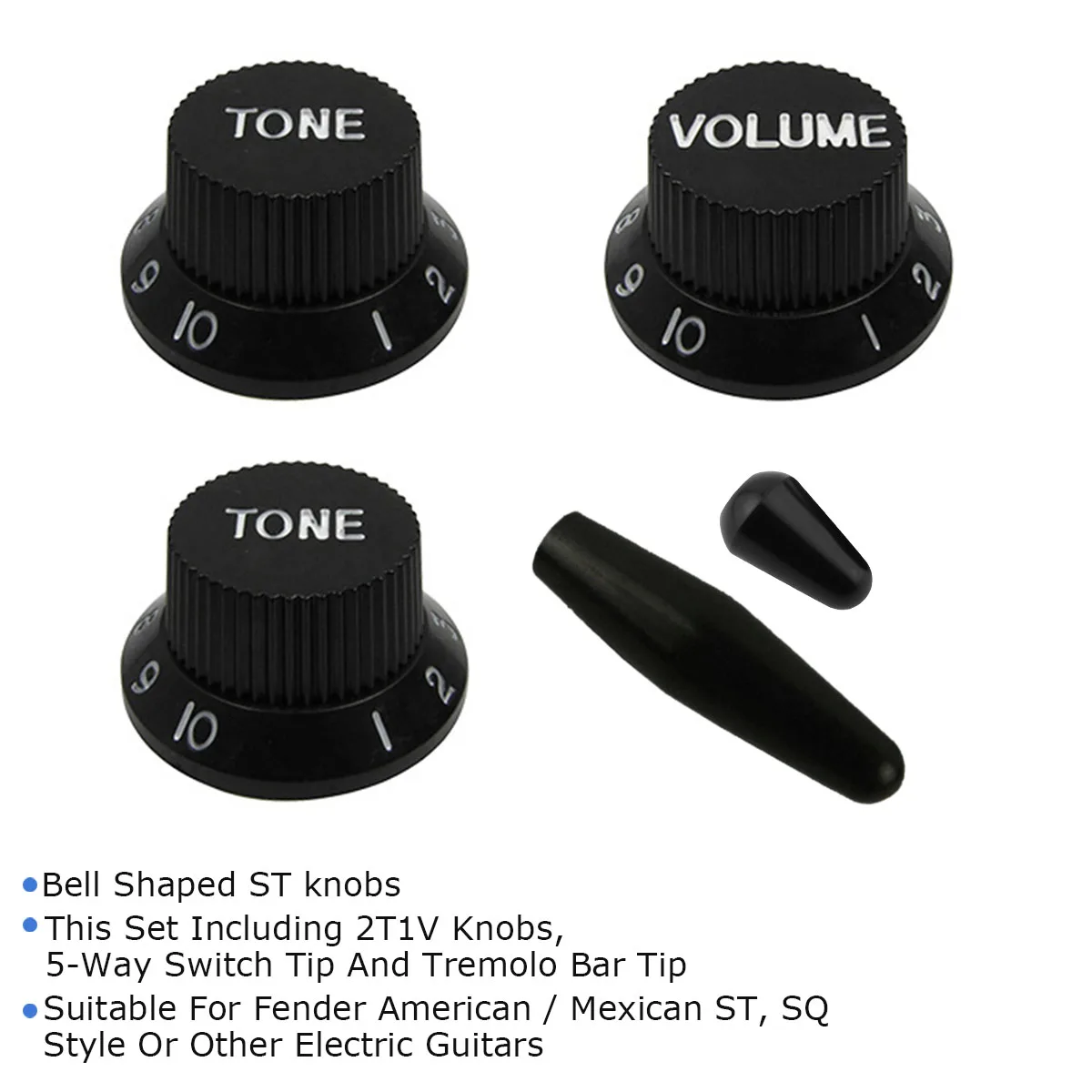 FLEOR Set of Black 2T1V Tone Volume Knob 5-Way Switch Tip Whammy Bar Tip for ST Electric Guitar