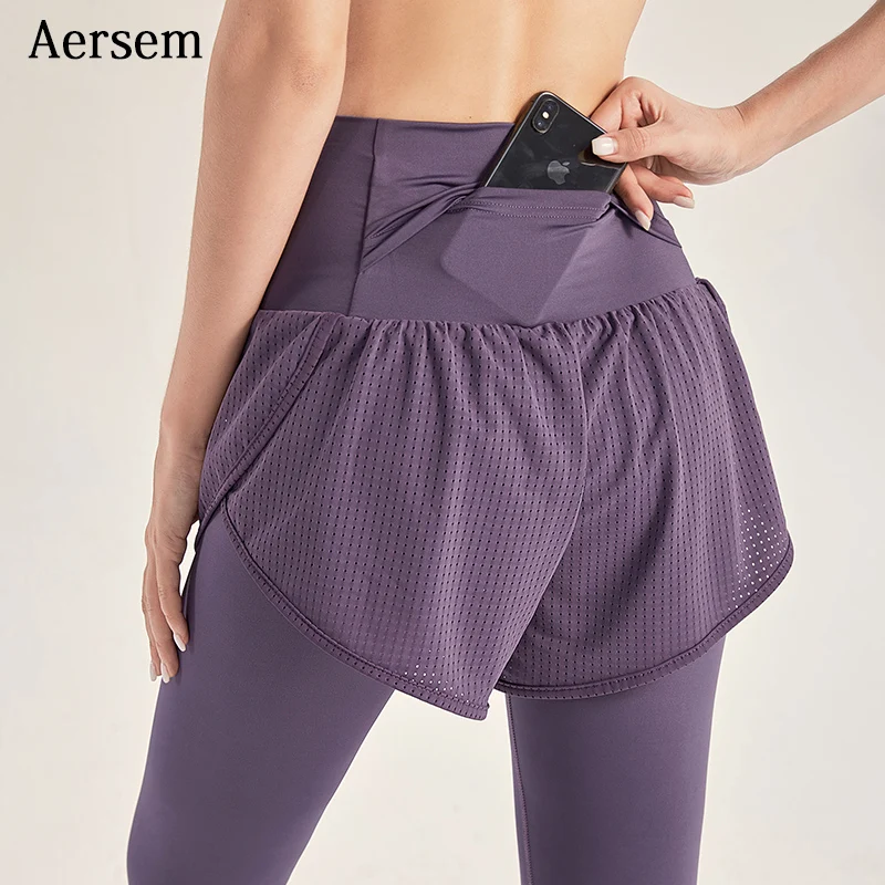 

Aersem High Waist Sport Pants Women Running Leggings With Shorts Cover Quick Drying Fitness pants Tights Training Yoga wear