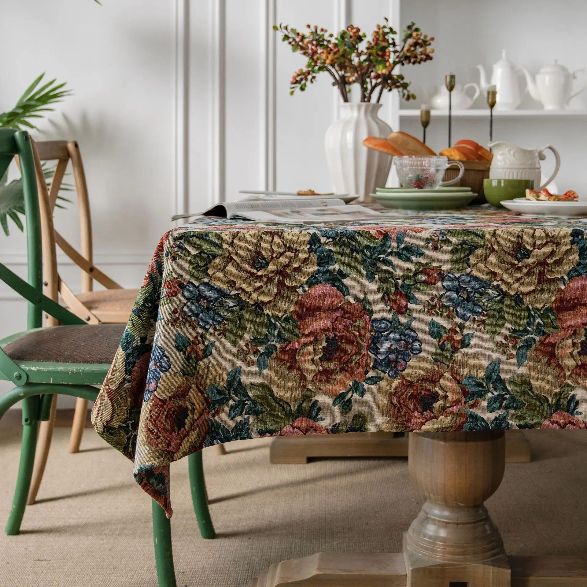 Flower rectangular tablecloth Tablecloth Colorful Jacquard Table Cloth Oil Painting Thick Tablecloth Blue Flower