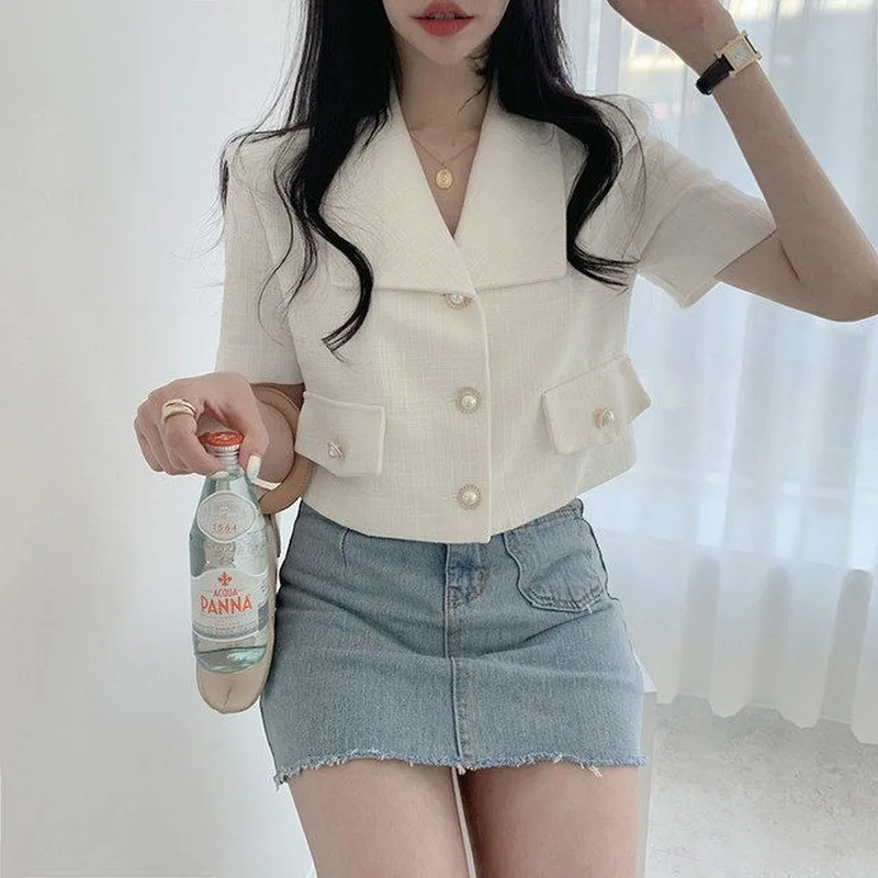 Blazer Women Single-breasted Lapel Short-sleeve Vintage Simple Elegant Office Lady Korean Style High-quality Trendy Slim Outwear