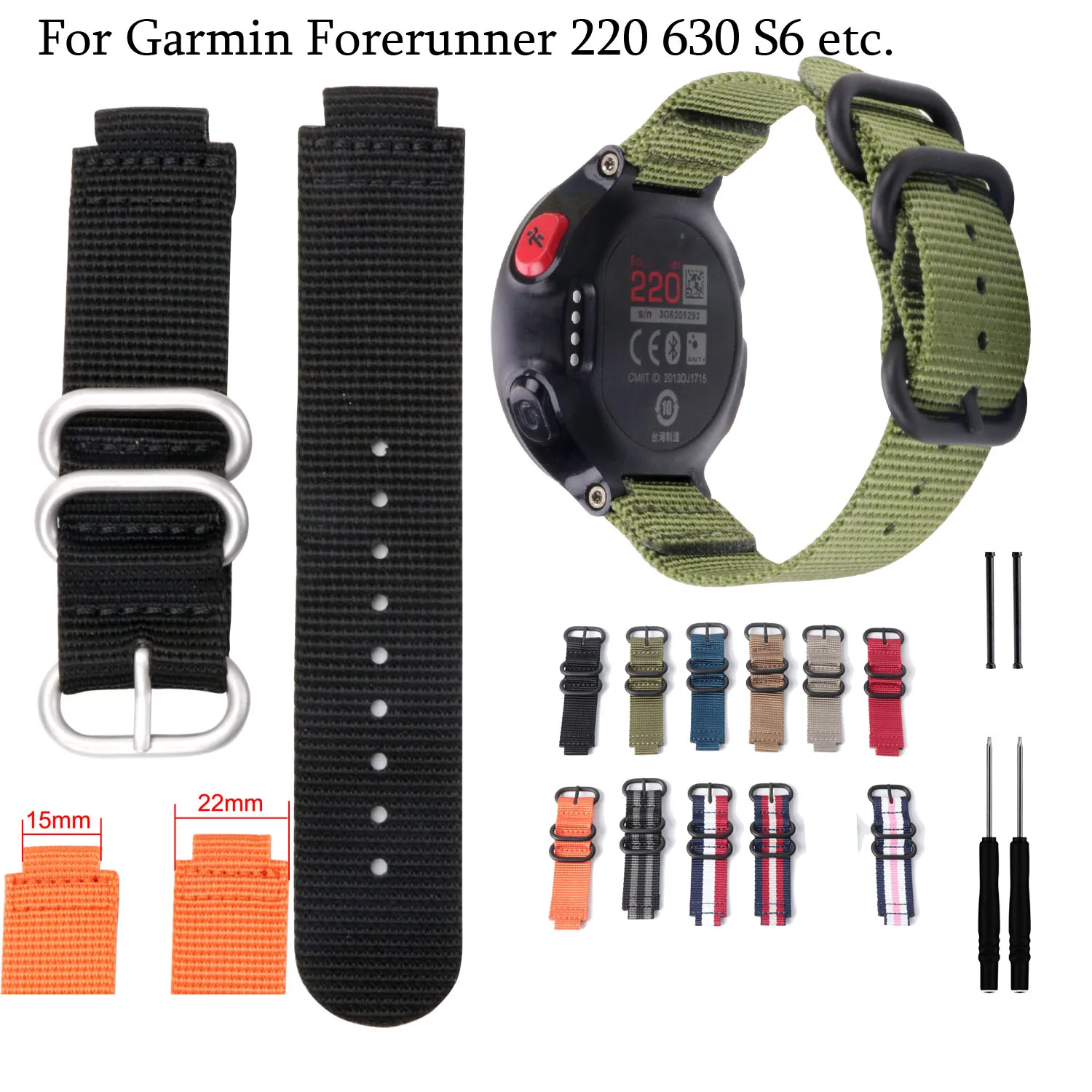 22-15mm Nylon Watch Strap For Garmin Forerunner 220 235 620 630 735 S5 S6 S20 Watch Band Replacement Wrist Bracelet with Tools