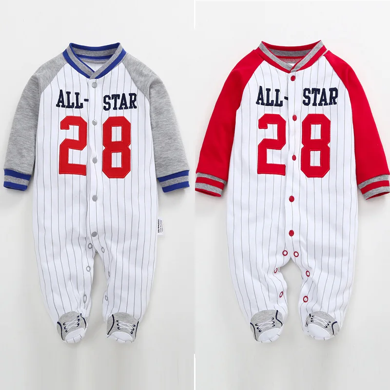 

Newborn Infant Baby Boy Rompers 2022 Spring Babe Girl Clothes Long Sleeve Cotton Baseball Cartoon Footed Jumpsuit Baby Pajamas