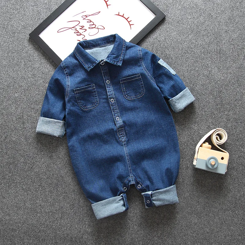 Spring Autumn Newborn Baby Hooded Romper Jumpsuit Long Sleeve Denim Blue Bodysuit with Pockets Outfits