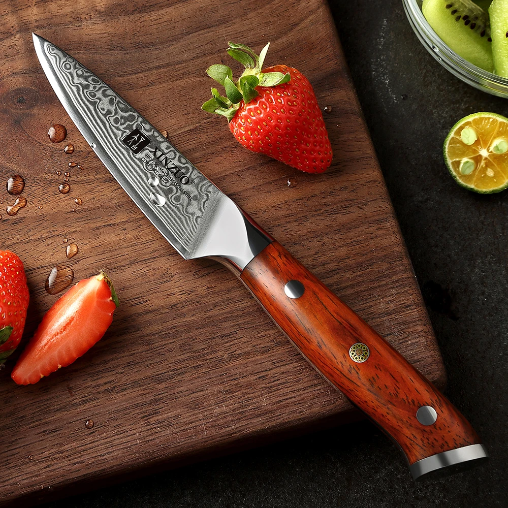 XINZUO Brand 3.5\'\' Inch Paring Kitchen Knife Handmade Damascus Steel Rosewood Handle Japanese Carved Peeling Knife Kitchen Tools