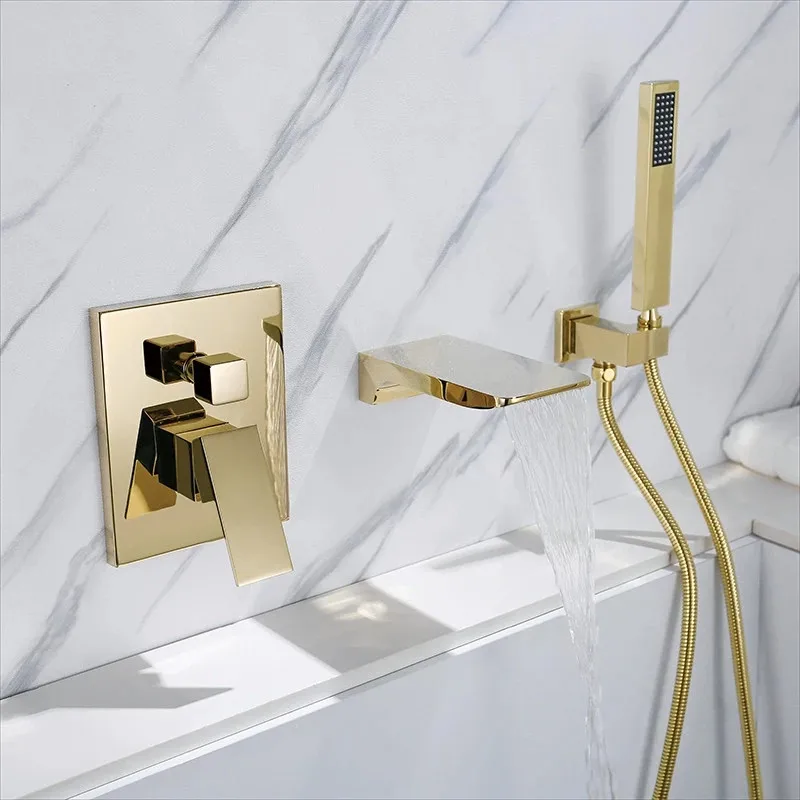 

Tuqiu Gold Bathtub Shower Faucet Set Brass Bath & Shower Faucet Bathtub Faucet Mixer With Handheld Waterfall Bathtub Tap Black