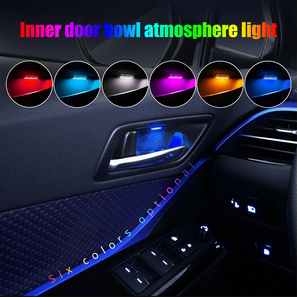 4pcs Car Ambient LED Light Auto Inner Door Bowl handle Armrest Light Car Door Interior Decorative Atmosphere Lamp Universal