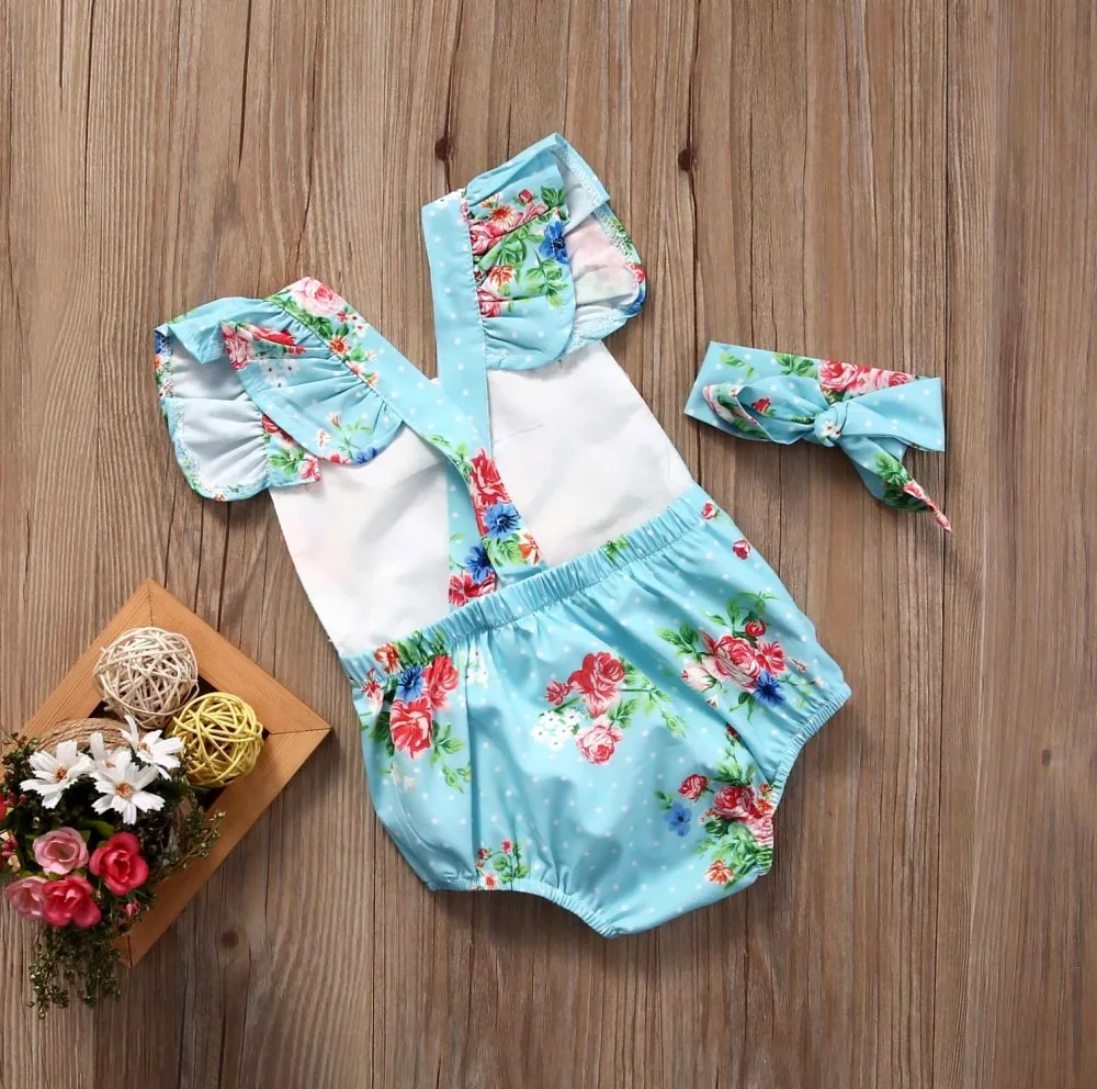 Newborn Baby Girls Floral One-pieces Romper Sunsuit Headband Clothes Set 0-24M