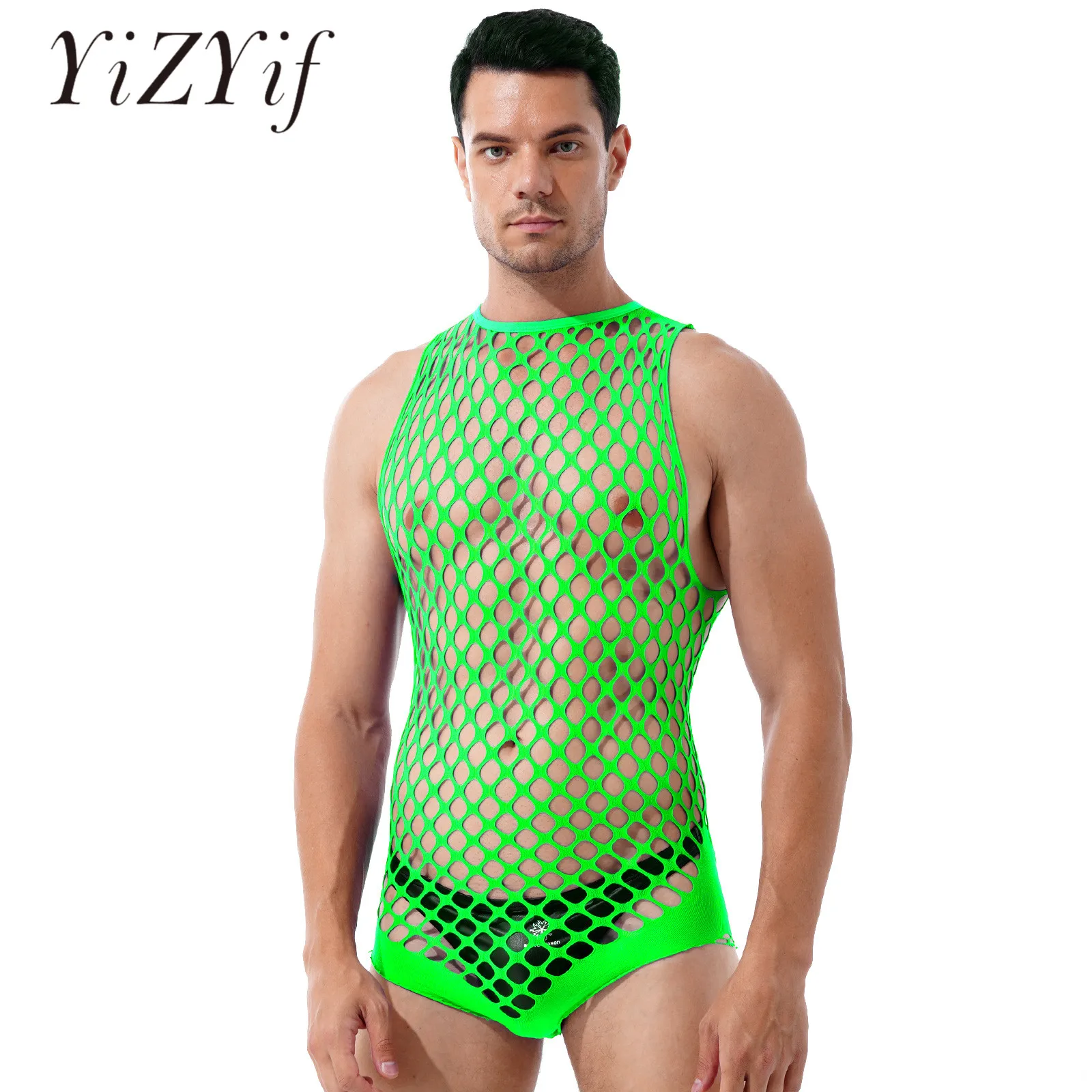 Mens Lingerie See-through Stretchy Bodysuits Nightwear Hollow Out Netted Sexy Bodystockings Halter Neck Sleeveless Rompers