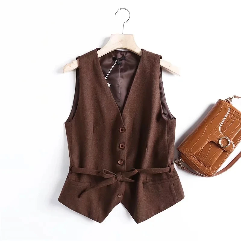 Maxdutti Blazers Women  England Style Office Lady Sleeveless Single Breasted Sashes Fashion Simple Vest Women Short Tops Women