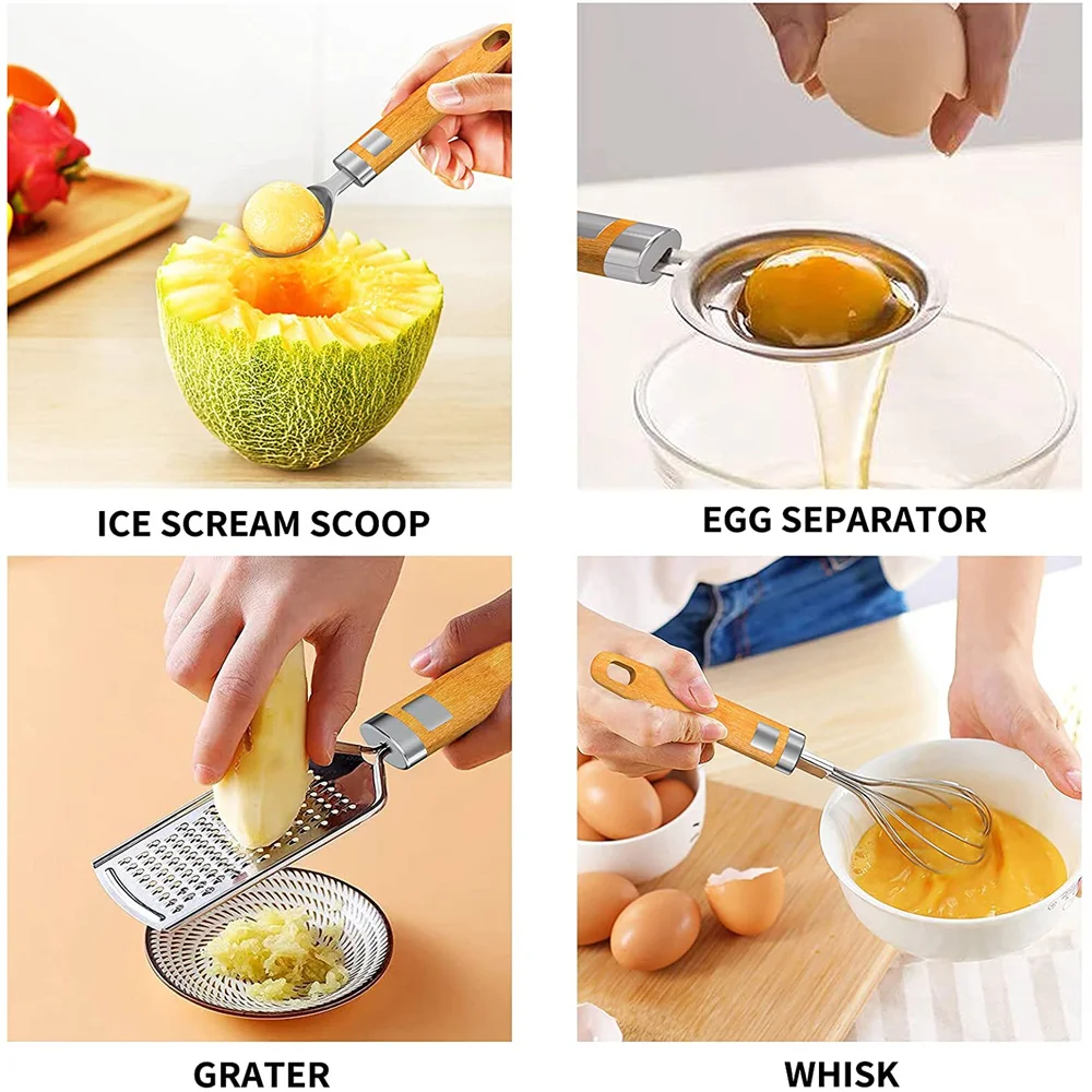 Kitchen Gadgets Device Sets Stainless Steel Cooking Utensils Tool Wooden Handle Whisk Peeler Grater Kitchenware Accessories