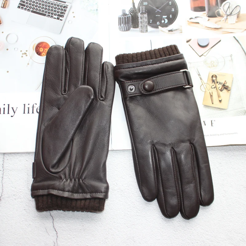 High-quality sheepskin touch screen gloves men's new corrugated wool knitted warm velvet motorcycle driving leather gloves