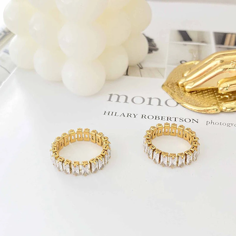 Stainless Steel Inlaid A Circle Square Crystal Ring For Women Fashion Jewelry Exquisite Brand Gold Color Love Rings Wholesale