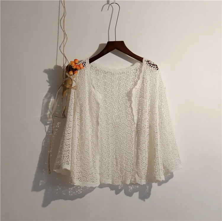 Hollow OUT Kimono Cardigan ฤดูร้อนแขนยาวถักเสื้อผู้หญิง Boho Beach Beige สีขาว Cardigan สไตล์เกาหลีสไตล์