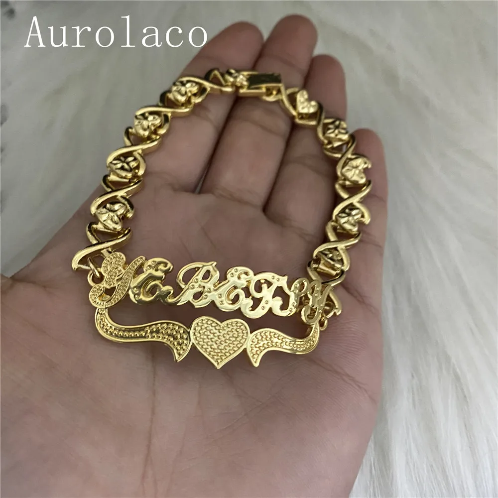 Imagem -04 - Aurolaco Pulseira com Nome Personalizado Bracelete em Aço Inoxidável Banhado a Ouro