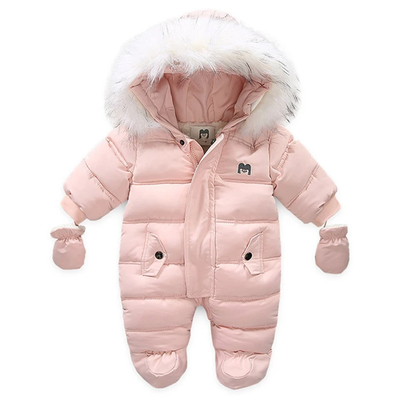 Winter Baby Romper With Gloves Warm Thicken Newborn Jumpsuit Cotton Baby Boy Overalls Hooded Plus Velvet Infant Clothing Set