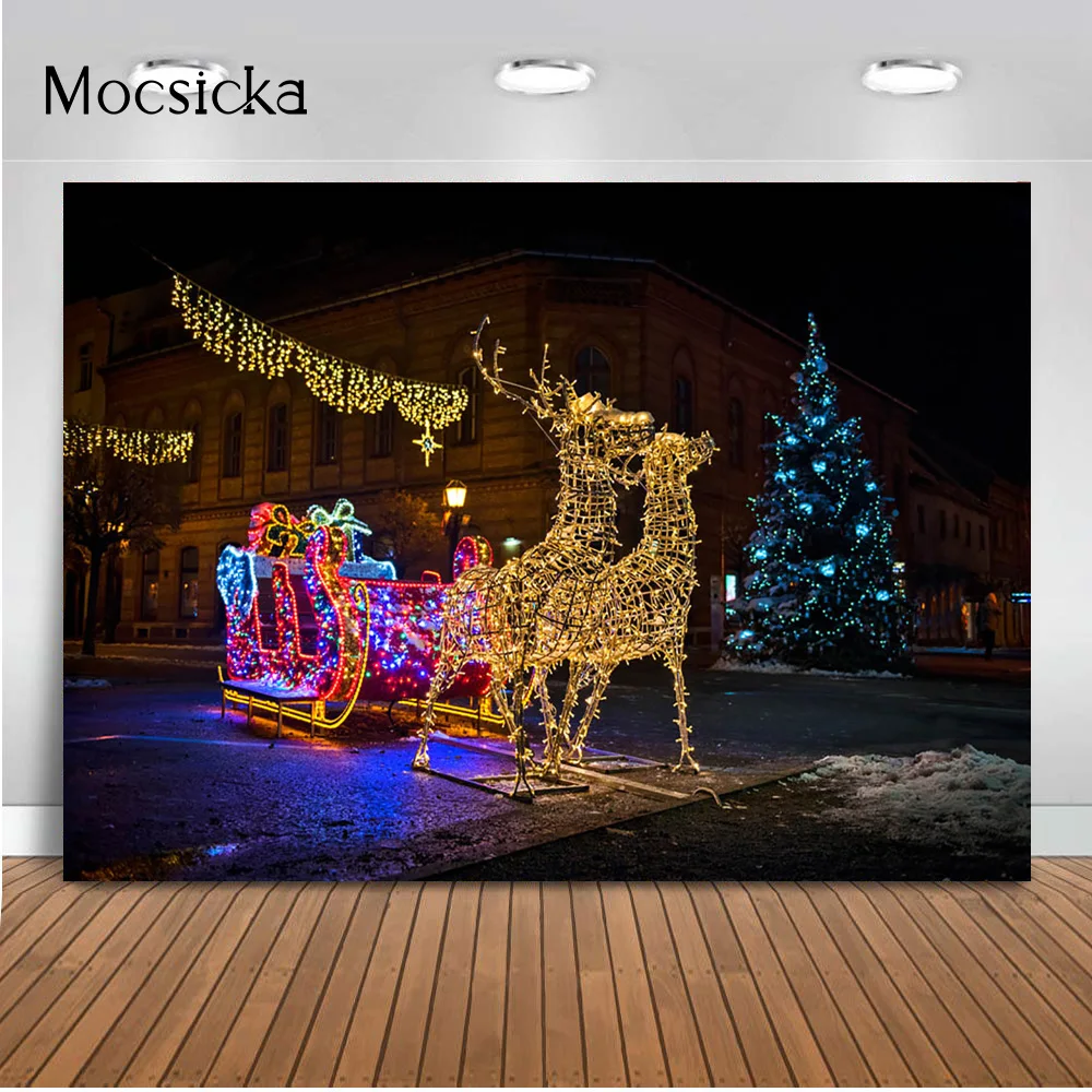 Deer Background Cloth Sleigh Street Photo Night Banner Backdrops Christmas Photography Winter Navidad Children Adult Kids Studio