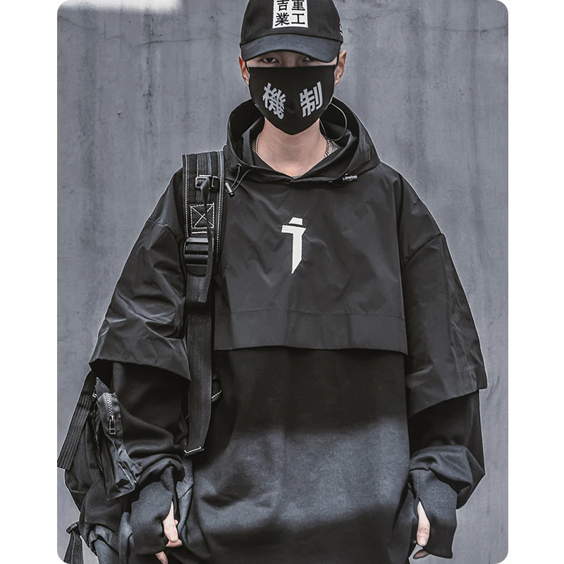 Men\'s clothes Harajuku streetwear oversized Hiphop spring shawl sweater fake two black function loose solid hoodies lover hooded