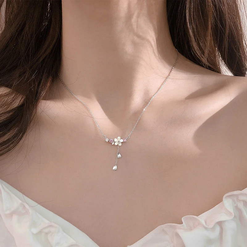 VENTFILLE Silver Color Cherry Flower Shell Long Tassel Necklace for Women Sweet Heart Pendant Clavicle Chain Jewelry Dropship