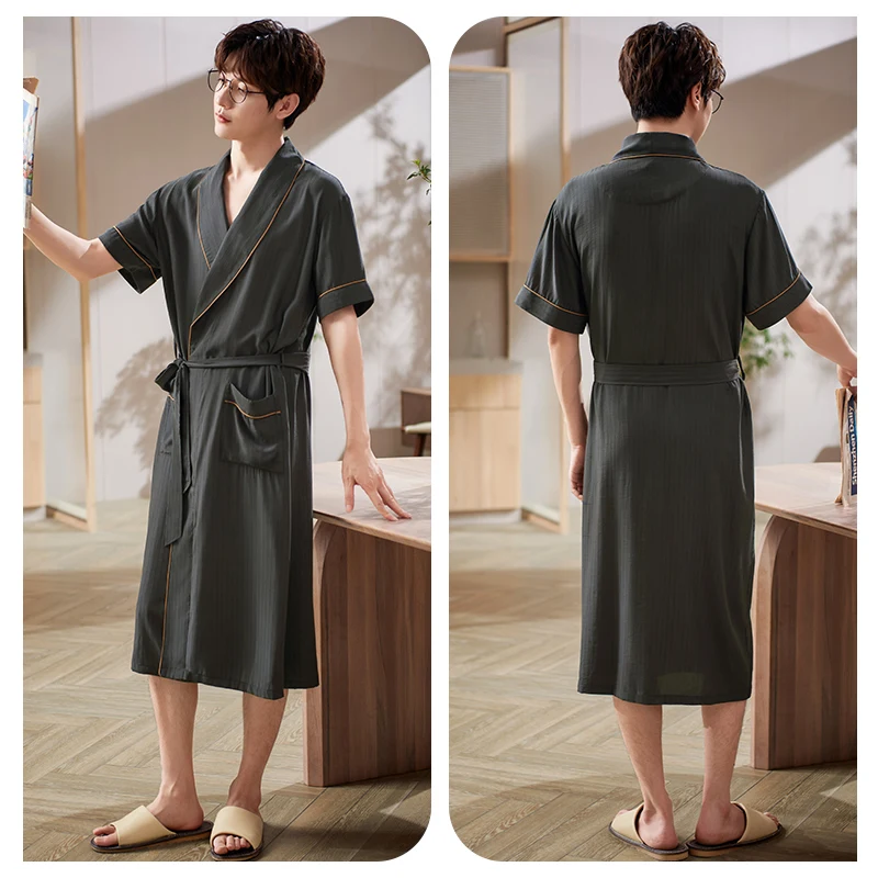 Kimono de Style japonais, Robe de bain de couleur unie, chemise de nuit décontractée, longue, vêtements de nuit pour hommes, manches courtes, été