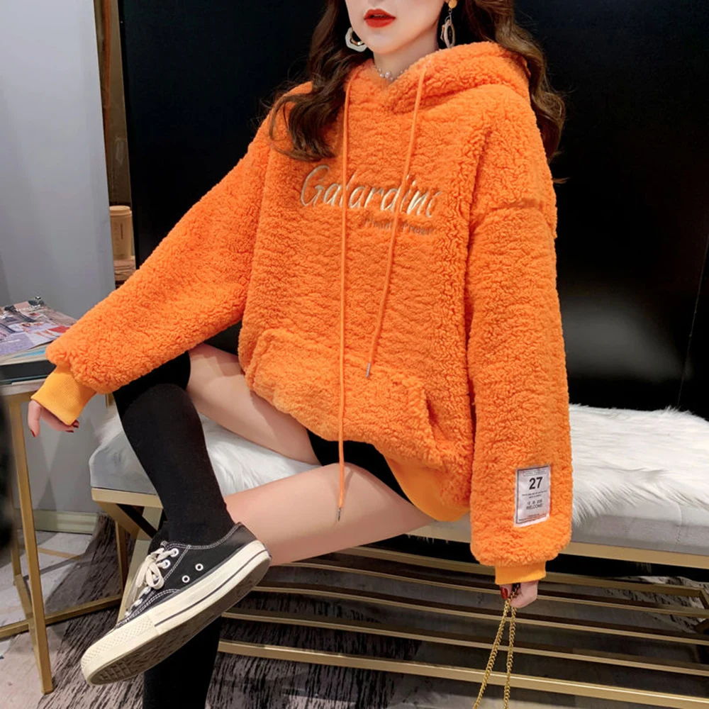 Winter Autumn Warm Faux Lamb Fur Hoodie Casual Women Fleece Sweatershirt Crop Top Loose Pullover Sweat Femme