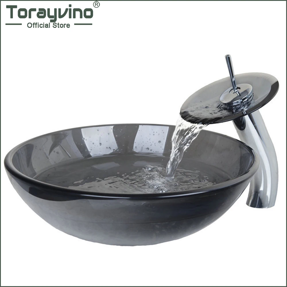 Torayvino Black Round Tempered Glass Bathroom Sink Set Transparent Tempered Glass Vessel Sink And Waterfall Faucet Combo Kit