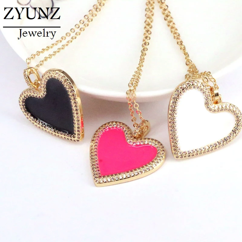 5PCS, Black White Pink Enamel Heart Pendant Necklace for Women CZ Zircon Lover Couple Necklaces Wedding Jewelry Collier Femme