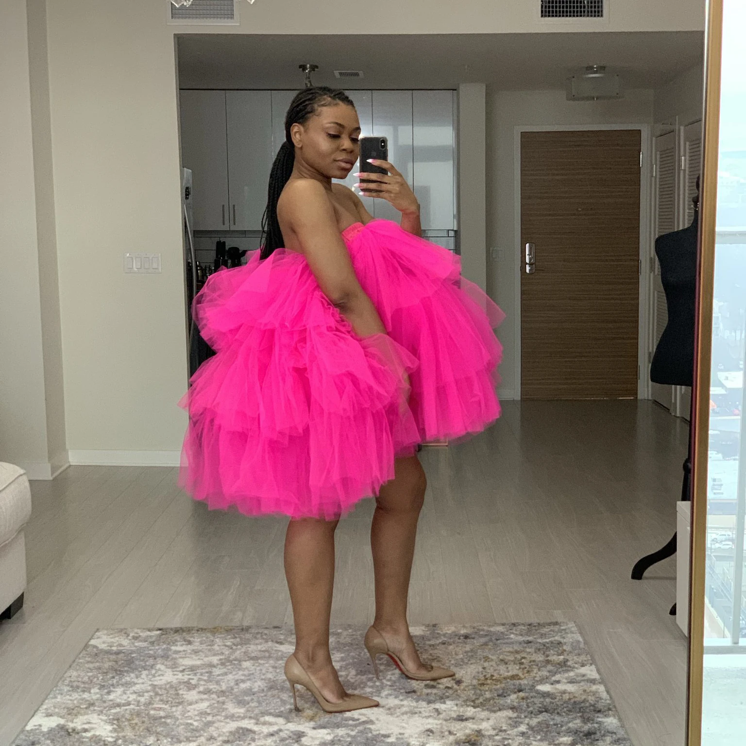 Modest Trend Fuchsia Ruffles High Low Tulle Short Women Dresses Birthday Party Dress Puffy Mini Female Outfit Elastic Free Size