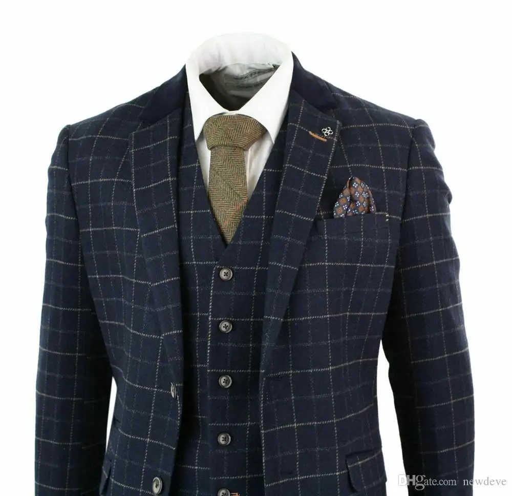 Trajes de negocios para hombre, chaqueta con solapa de muesca a cuadros de Tweed, traje de novio, traje de graduación, chaqueta, chaleco, Pantalones