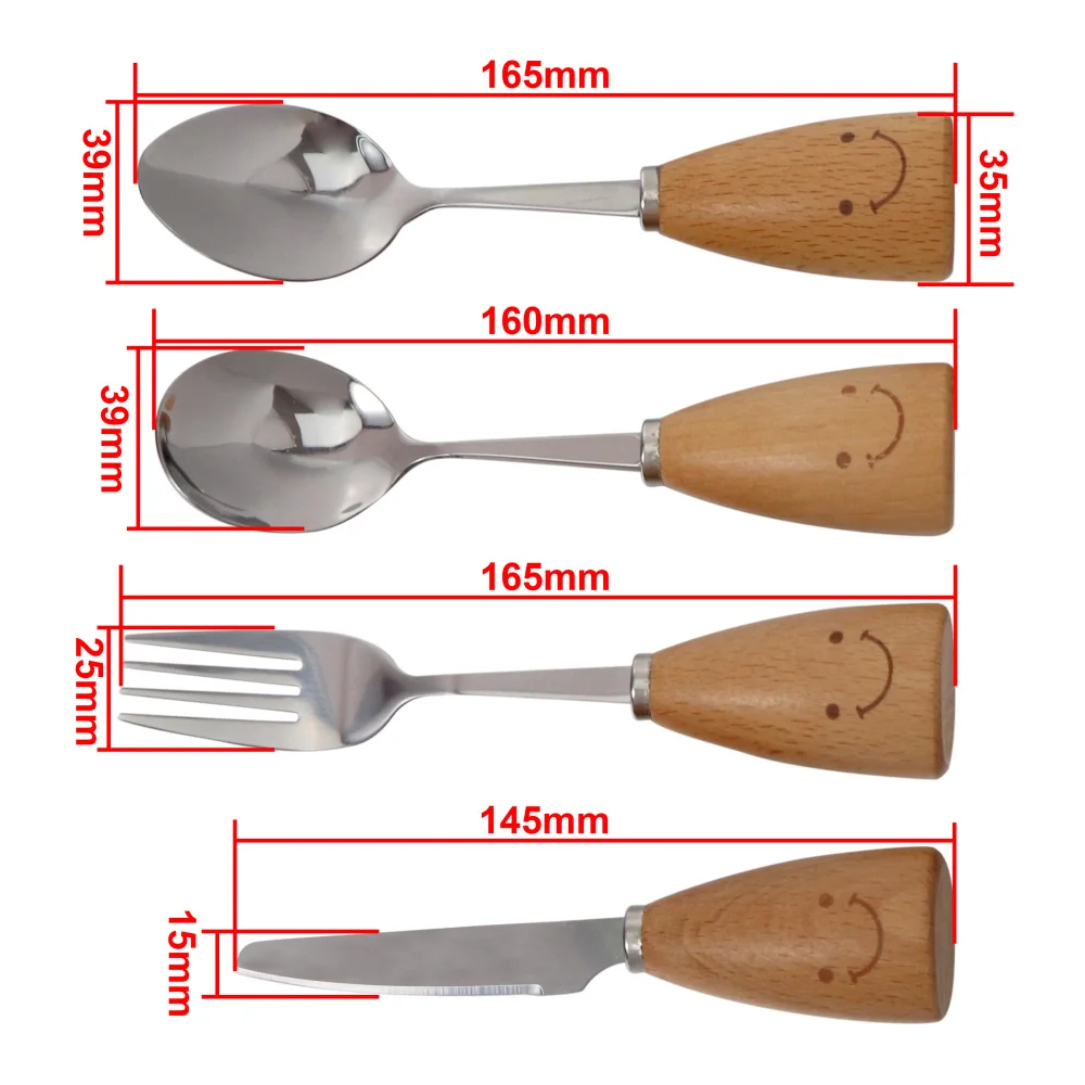 4-Piece Cute Smiling Face Tableware Set Beech Wood Handle Stainless Steel Knife Fork Spoons Kits Cutlery Gifts Set For Children