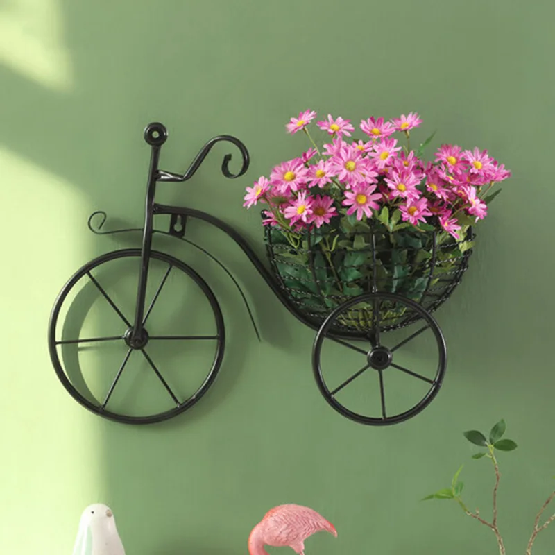 Metal Bicycle Flower Basket Wall Art Wall Mount Hanging Flawer Rack Unique Art Ornaments Classic Retro Style for Home Decor