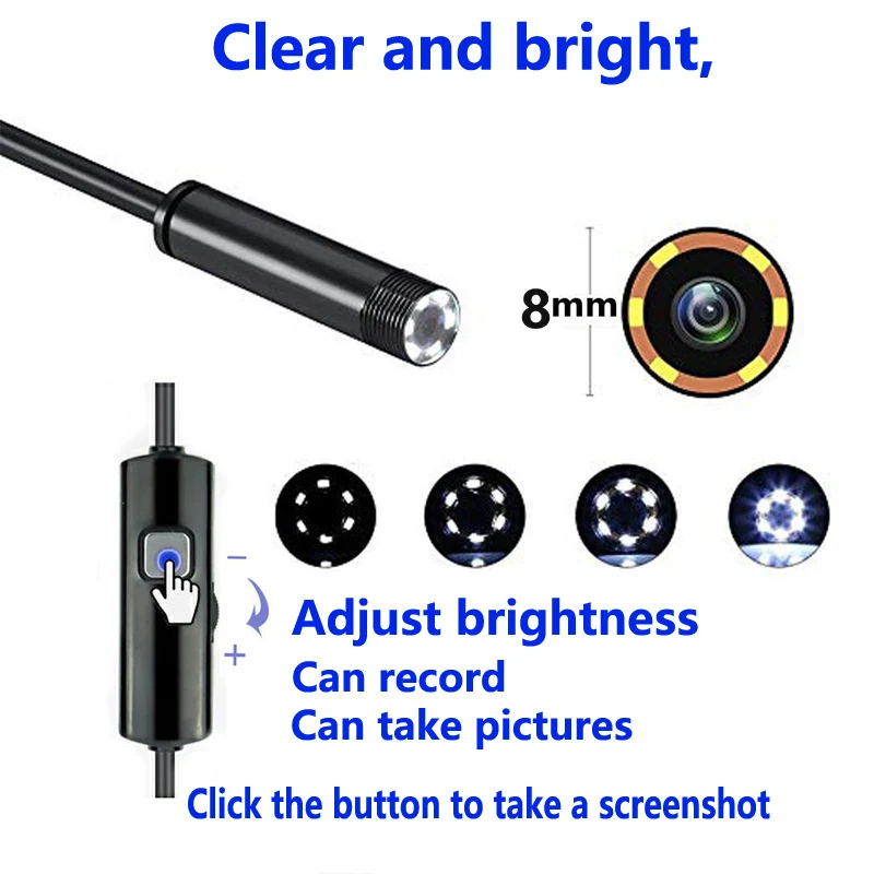 1M 2M 8mm Endoscope Camera 1080P Flexible IP67 Waterproof Inspection Borescope Camera for Android PC Notebook 8LEDs Adjustable