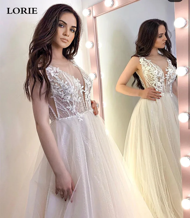 LORIE-vestido de Novia de encaje de princesa, línea A, tul brillante, Sexy, Espalda descubierta, talla grande, 2020