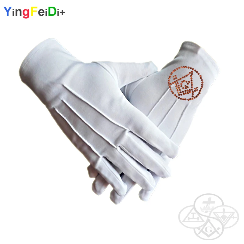 Round hot diamond square and compass Freemason\'s high quality Middle East flat thermoset rhinestone polyester gloves- [White]