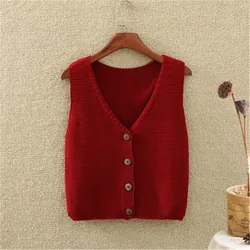 2023 Retro Streetwear Top Clothing Womens Sweater Vest Women Single Breasted Button Sleeveless V-neck Knitting Korea Solid Short