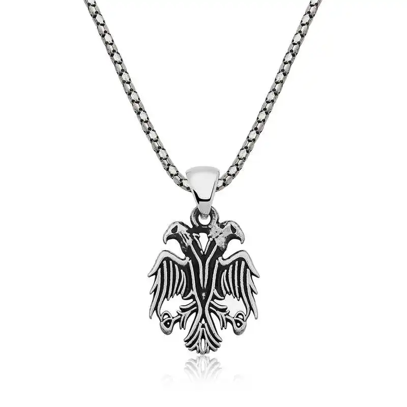 Silver Double-Headed Eagle Men 'S Necklace 925 Sterling Men Jewelry Wedding Party Birthday Gift - Box - Pendant - Chain Choker - Man - Fashion