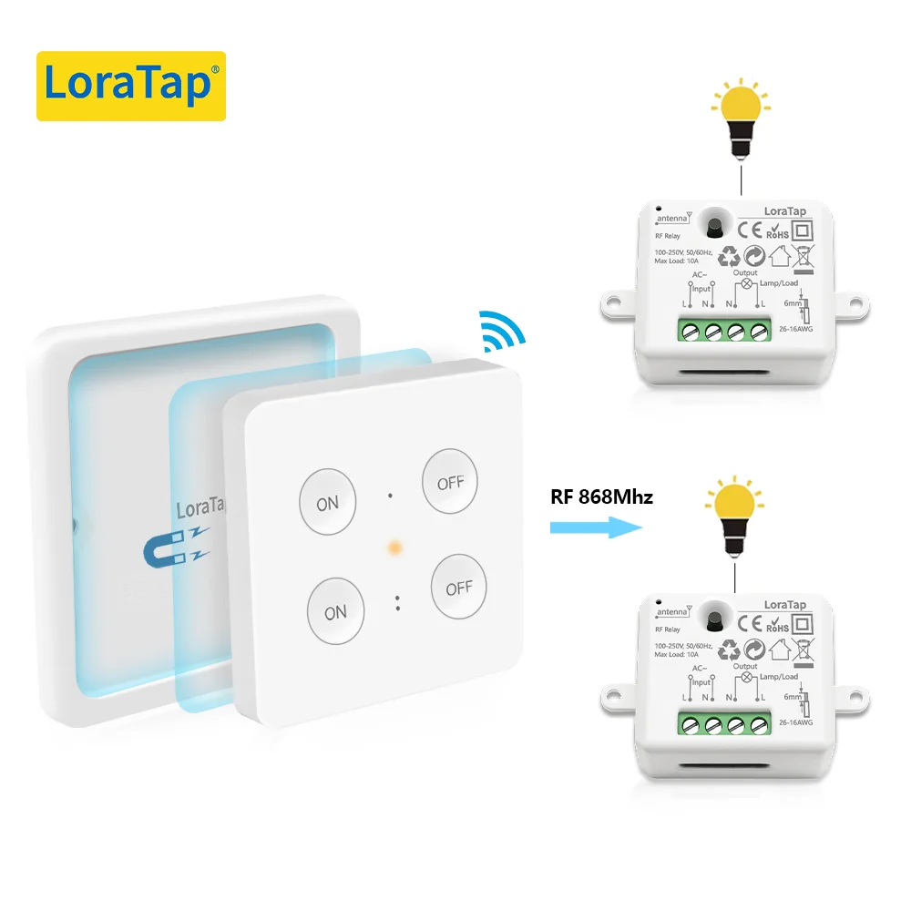 LoraTap Wireless RF 868Mhz Switch Relay Module 2，4 Button Remote Control ON/OFF up to 200m Mountable and Portable No wires