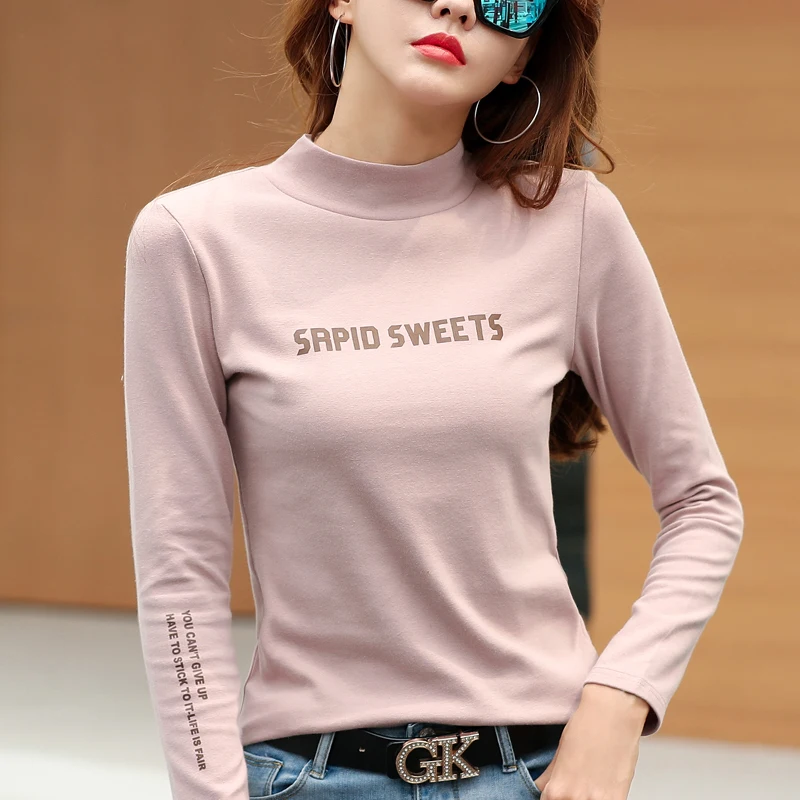 New Women T-shirt Long Sleeve Cotton T Shirt Winter Tops Tees Letter Print Fashion Female Tshirt Casual Pullovers Black White