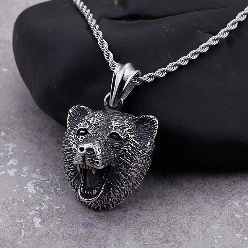 Retro Nordic Wildlife Bear Head High Quality Metal Pendant Necklace for Men Personalized Rock Party Punk Jewelry