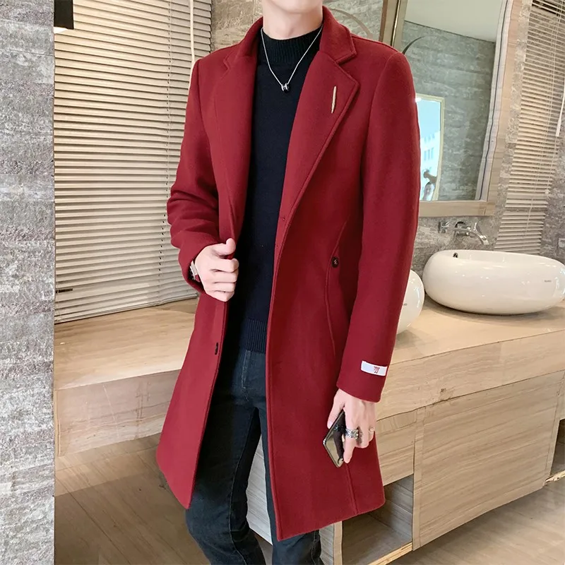 

2021 Red Long Mens Trench Coats Woolen Burgundy Elegant Gentleman Overcoats England Vintage Classic Claret Long Jackets Mens