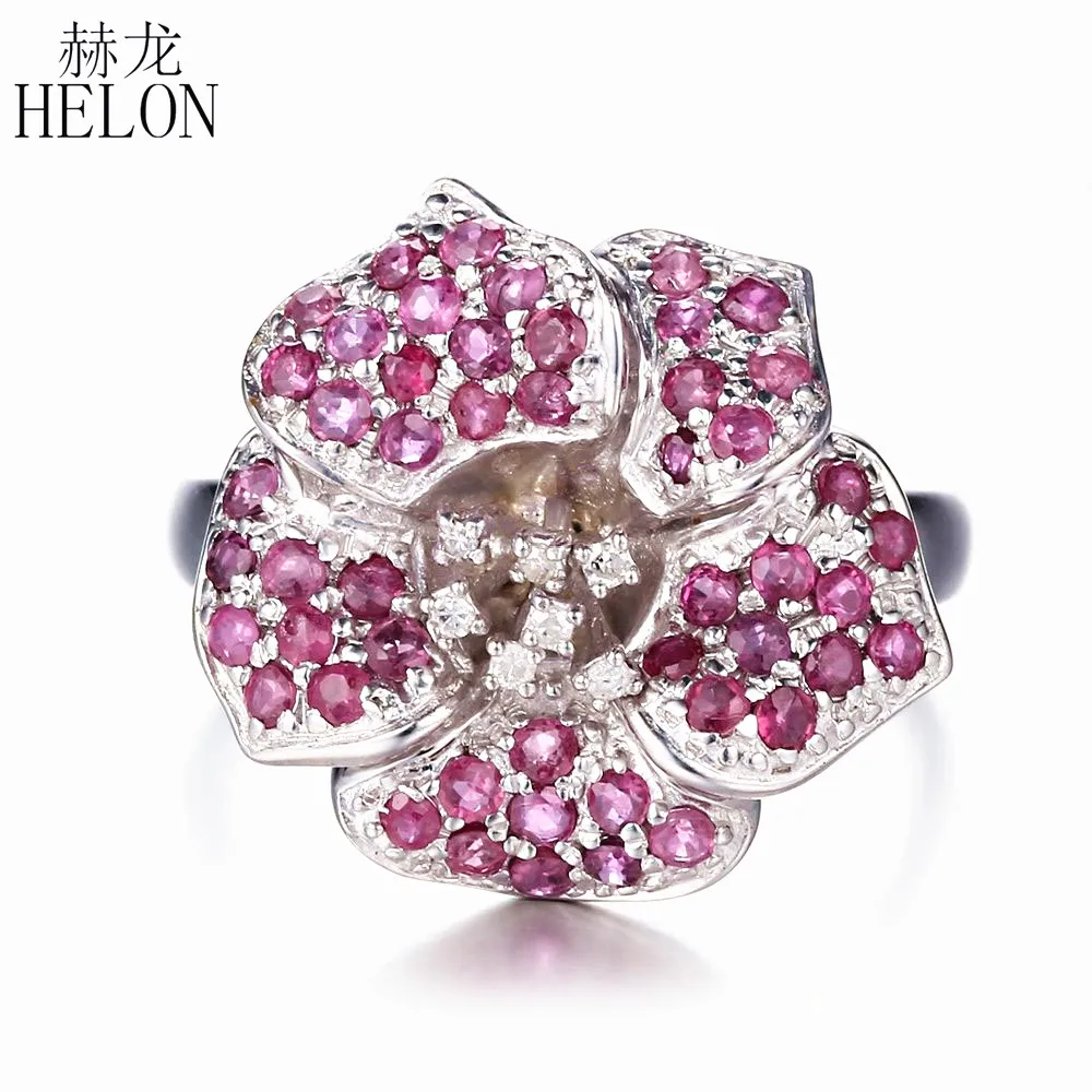 

HELON Sterling Silver 925 Pave 1.5ct Genuine Ruby Diamond Engagement Wedding Ring Women Trendy Flower Fine Jewelry Gemstone Ring